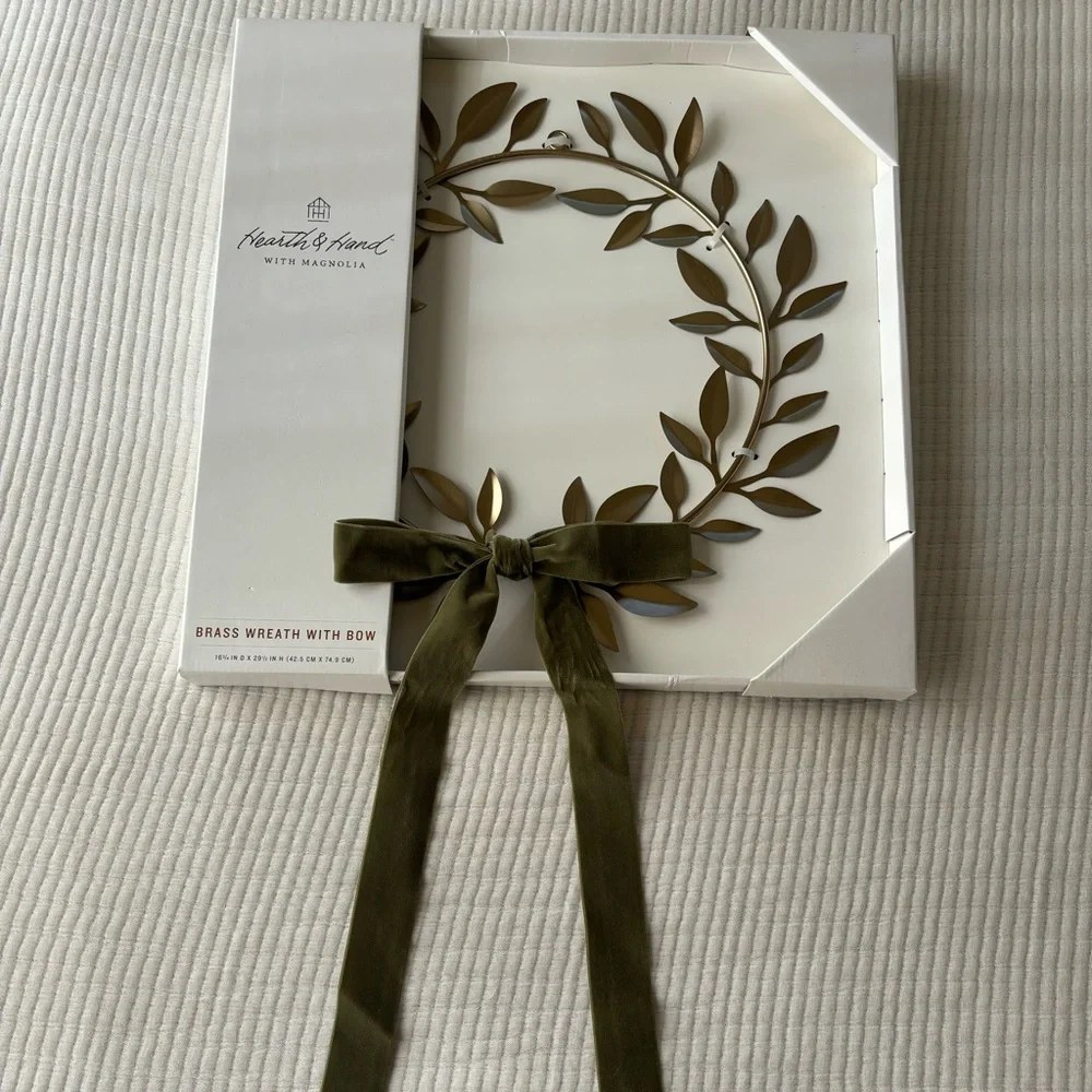 Hearth & Hand with Magnolia Decorative Brass Leaf Christmas Wreath Velvet Bow